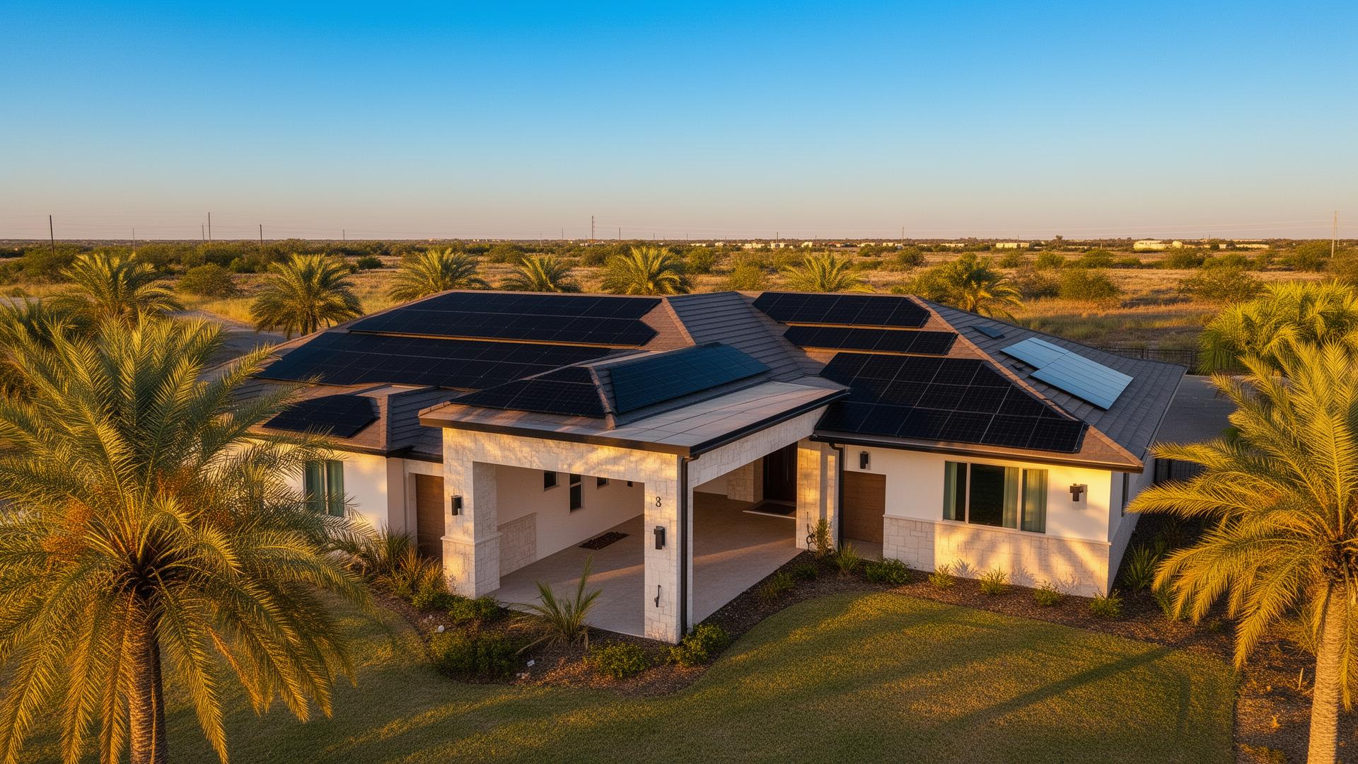 Solar panels installed on a Rio Grande Valley home at golden hour